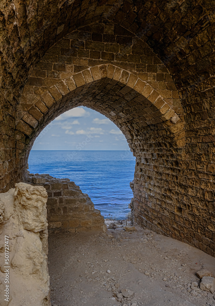 Entrance, courtyard and observation tower of  Apollonia crusader's castle, located on a high kurkar sandstone cliff facing the Mediterranean seashore of Herzliya city, Apollonia National Park, Israel