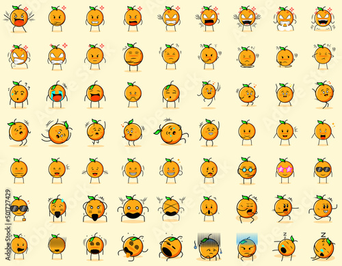 collection of cute orange cartoon character expressions. angry expression, thinking, crying, sad, confused, flat, happy, scared, shocked, dizzy, hopeless, sleeping. suitable for emoticon and mascot