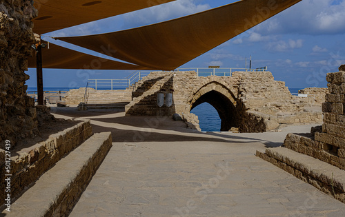 Entrance, courtyard and observation tower of  Apollonia crusader's castle, located on a high kurkar sandstone cliff facing the Mediterranean seashore of Herzliya city, Apollonia National Park, Israel photo