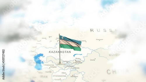 Uzbekistan Map And Flag With Clouds