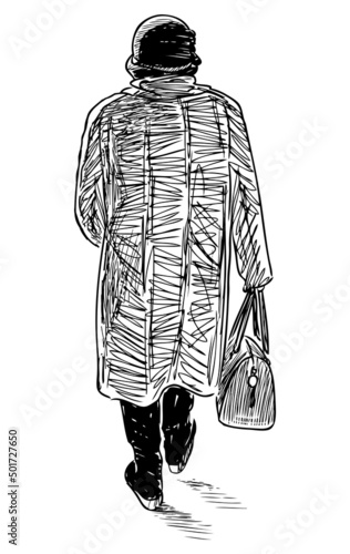 Sketch of casual elderly woman with handbag walking outdoors alone