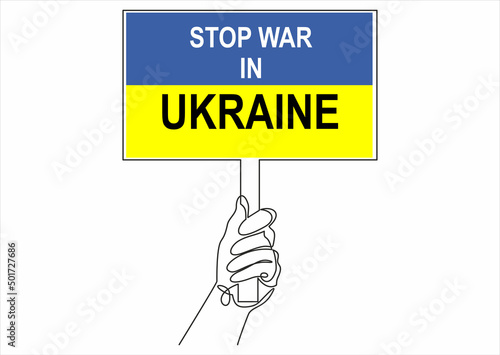 Protest Banners in the colours of the Ukrainian flag with the words ‘no war peace for Ukraine stop the war’ being held by protesters against Russia’s invasion of Ukraine
