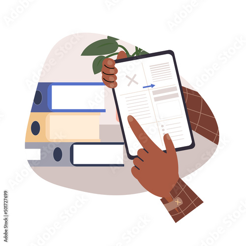 Time management, multitasking, effective month planning, to do list. Human hands holding a tablet and writing tasks via mobile app, filling out planner, schedule. Cartoon vector isolated illustration.