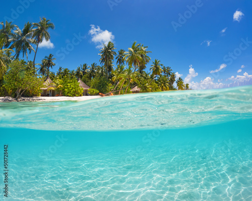 Fototapeta Naklejka Na Ścianę i Meble -   Beautiful maldives tropical island - Underwater Panorama