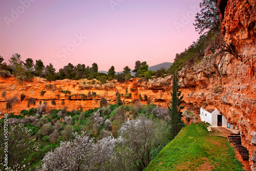 ARGOLIS, PELOPONNESE, GREECE. The byzantine church of Agios Georgios in the "Small Cave", a sikhole close to Didyma village, municipality of Ermionida.