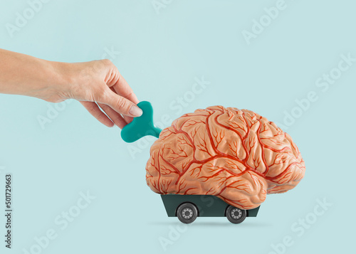 A young woman’s hand winds-up human brain on isolated pastel blue background. Minimal abstract concept of propaganda, indoctrination, influence, conditioning or manipulation. The idea of mind control.