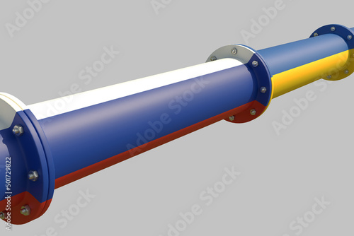 Conceptual representation of a pipeline for transporting combustible hydrocarbons connecting the Russian Federation and Ukraine. 3D illustration. Isolated on light grey background.