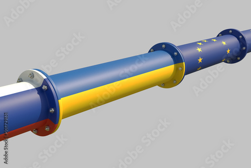 Conceptual representation of a pipeline for transporting combustible hydrocarbons connecting the Russian Federation, Ukraine and the European Union. 3D illustration. Isolated on light grey background.