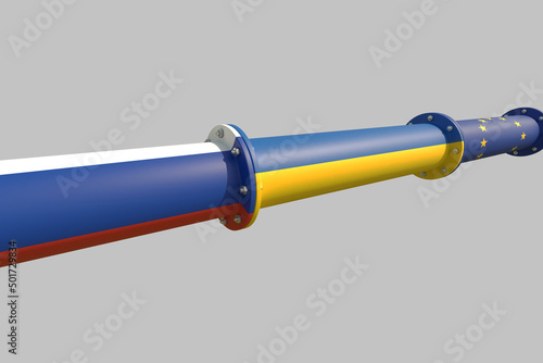 Conceptual representation of a pipeline for transporting combustible hydrocarbons connecting the Russian Federation, Ukraine and the European Union. 3D illustration. Isolated on light grey background.