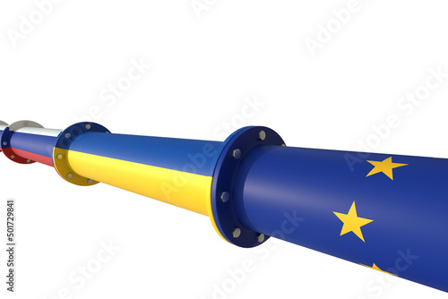 Conceptual representation of a pipeline for transporting combustible hydrocarbons connecting the Russian Federation, Ukraine and the European Union. 3D illustration. Isolated on a white background.