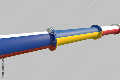 Conceptual representation of a pipeline for transporting combustible hydrocarbons connecting the Russian Federation, Ukraine and Poland. 3D illustration. Isolated on light grey background.
