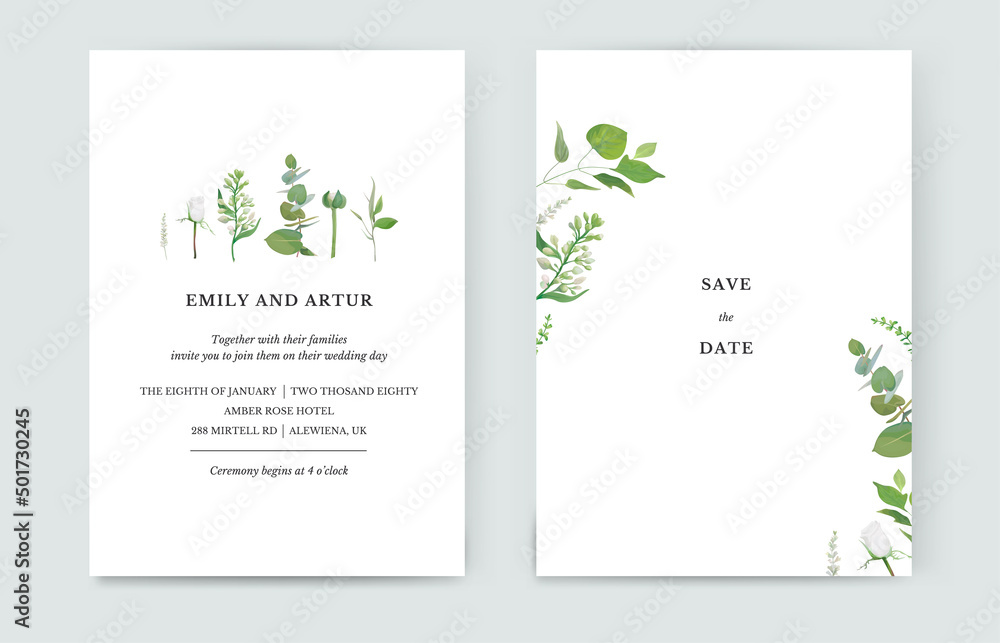 Spring floral minimalist wedding invite, save the date card design. Watercolor style white lilac flower, flower bud, rose, eucalyptus branches, leaves, herbs vector illustration. Editable template set