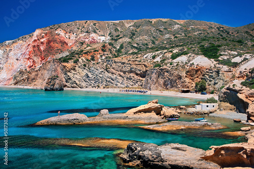 MILOS ISLAND, CYCLADES, AEGEAN SEA, GREECE. View of colorful Fyriplaka beach.  photo