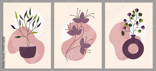 Set of creative minimalist hand-painted illustrations with decorative vases, branches, leaves, flowers and abstract color blots. For postcard, placard, placard, brochure, cover design.