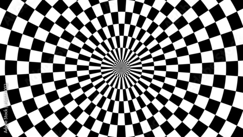 Abstract 3D geometrical black and white checkered line background. Pattern with optical illusion. Vector illustration kaleidoscope. Solar explosion. Sunburst rays.