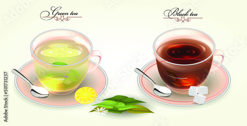 Green and black tea in glass cups 