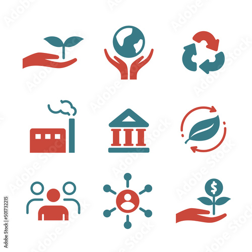 ESG concept. Environmental, social, and corporate governance related editable silhouette icons set 