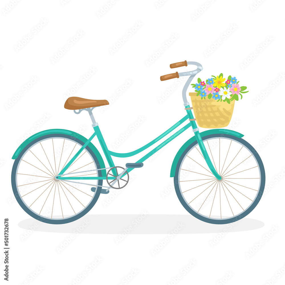 City bike with a basket of flowers. In cartoon style. Isolated on white background. Vector flat illustration.