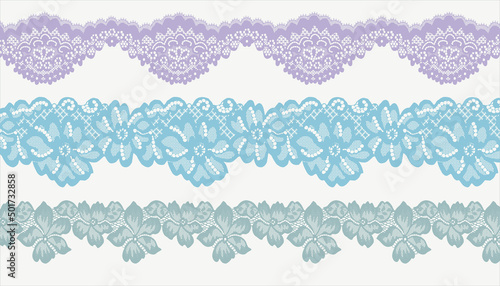 Set of three  lace ribbons on  white background. Lace braid. 
