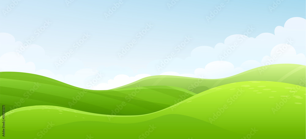 Fototapeta: Vector cartoon landscape, seasons hills, grass field, farm  background. Cute and bright... #501733271 '