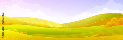 Vector cartoon landscape, seasons hills, grass field, farm background. Cute and bright countryside, green grassland, outdoor design.