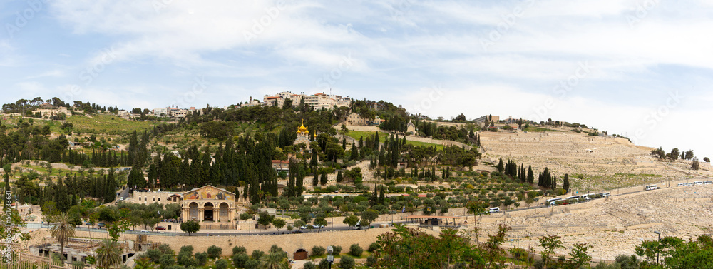 Panoramic view of Mount of Olive. Church of All Nations and Mary Magdalene Convent on in Jerusalem city