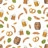 Watercolor Oktoberfest seamless pattern with traditional festival food, beer and green hops