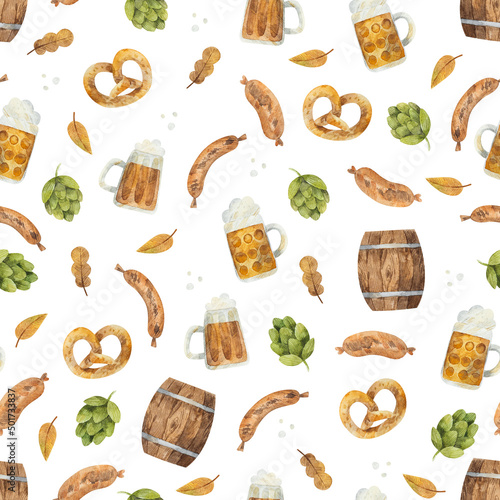 Watercolor Oktoberfest seamless pattern with traditional festival food, beer and green hops