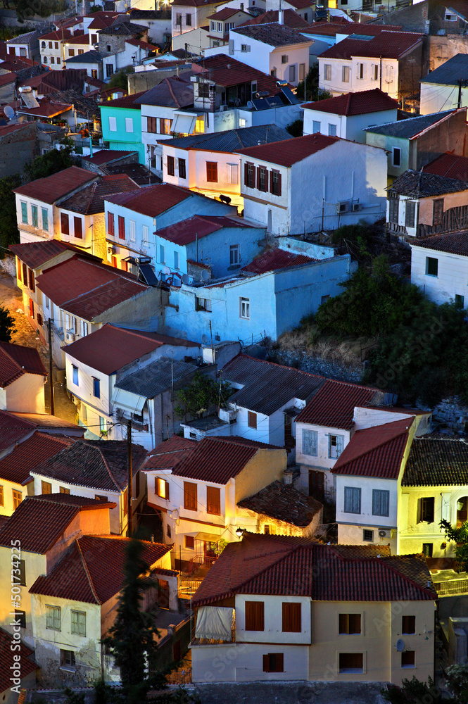 Night view of (Ano) Vathy town (also known as 