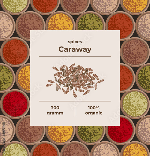 Caraway seasoning concept for packaging condiments. Seamless background and label. 