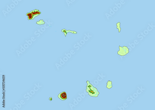 High detailed vector Cape Verde physical map, topographic map of Cape Verde on white with rivers, lakes and neighbouring countries. 