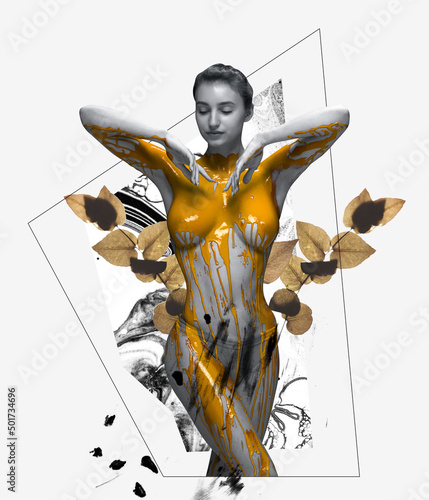 Fototapeta Naklejka Na Ścianę i Meble -  Contemporary art collage. Tender young woman covered with golden paint isolated over white background with floral design