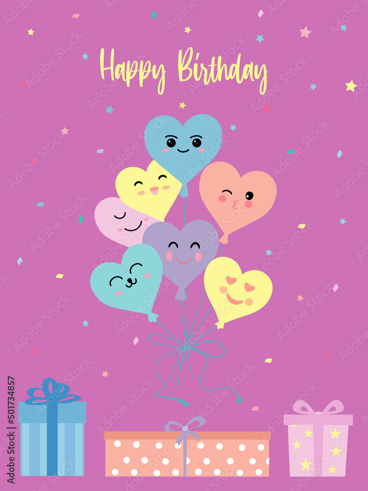 Obraz premium Heart shaped balloons in kawaii style. Happy birthday inscription and gift boxes. Vector illustration isolated on pink background.