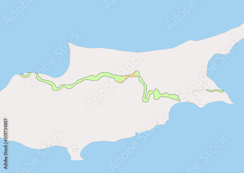 High detailed vector United Nations Buffer Zone in Cyprus physical map, topographic map of United Nations Buffer Zone in Cyprus on white with rivers, lakes and neighbouring countries. 
