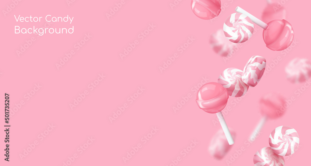 Banner with realistic falling pink glossy candies, lollipop, candies on a stick. Look like 3d rendering. Vector illustration for card, party, design, flyer, poster, banner, web, advertising.