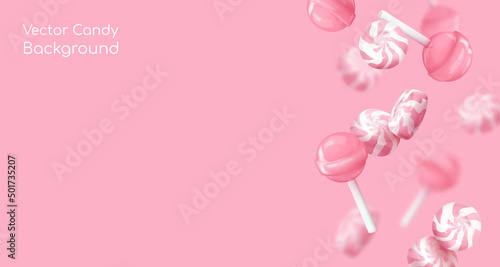 Banner with realistic falling pink glossy candies, lollipop, candies on a stick. Look like 3d rendering. Vector illustration for card, party, design, flyer, poster, banner, web, advertising.