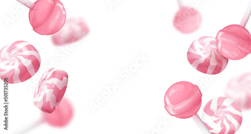 Banner with realistic falling pink glossy lollipop, candies on a stick isolated on white background. Look like 3d. Vector illustration for card, party, design, flyer, poster, banner, web, advertising.