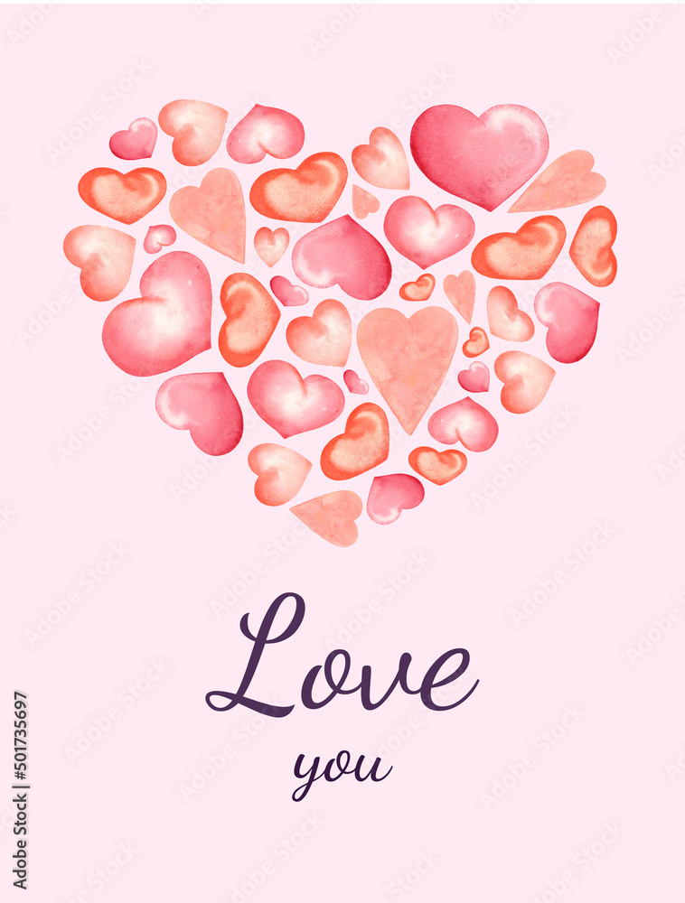 Greeting valentines day card. Wedding invitation design. A heart painted in watercolor, a postcard with a heart, a card with a declaration of love Greeting valentines day card. Wedding invitation design. A heart painted in watercolor, a postcard with a heart, a card with a declaration of love
