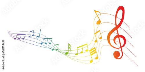 rainbow colored vector sheet music - musical notes melody on white background