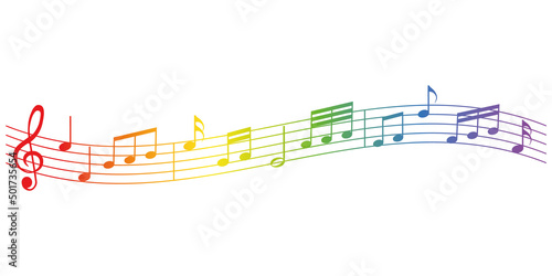 rainbow colored vector sheet music - musical notes melody on white background