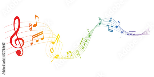 rainbow colored vector sheet music - musical notes melody on white background