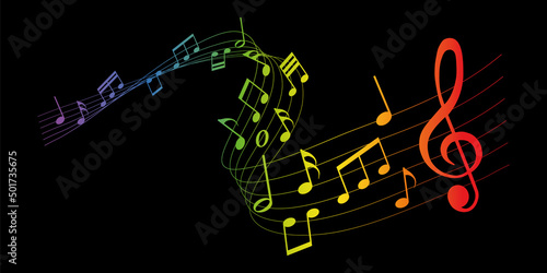 rainbow colored vector sheet music - musical notes melody on black background