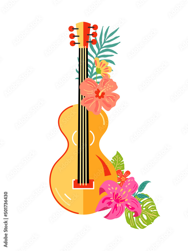 Guitar with tropical exotic flowers and leaves. Vector illustration