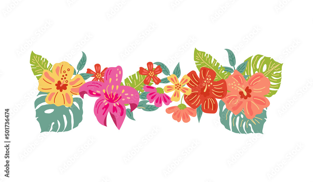 Tropical exotic flowers and leaves. Vector illustration isolated on white background. Flat style design element for poster, banner, party invitation, summer concept. - obrazy, fototapety, plakaty 