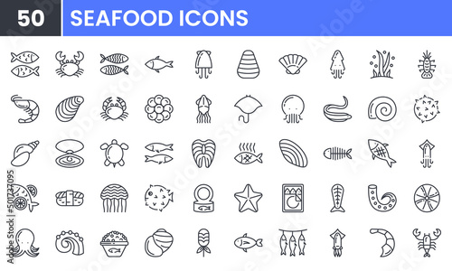 Seafood vector line icon set. Contains linear outline icons like Fish, Shrimp, Squid, Crab, Oyster, Shellfish, Lobster, Turtle, Octopus, Salmon, Caviar, Cuttlefish. Editable use and stroke.