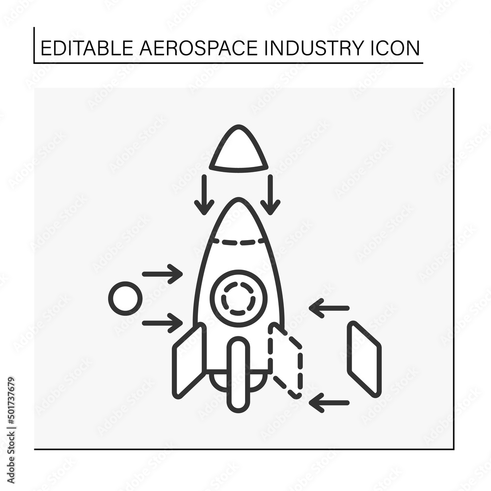 Production line icon. Building and projecting rockets. Add important mechanisms. Aerospace industry concept. Isolated vector illustration. Editable stroke Production line icon. Building and projecting rockets. Add important mechanisms. Aerospace industry concept. Isolated vector illustration. Editable stroke
