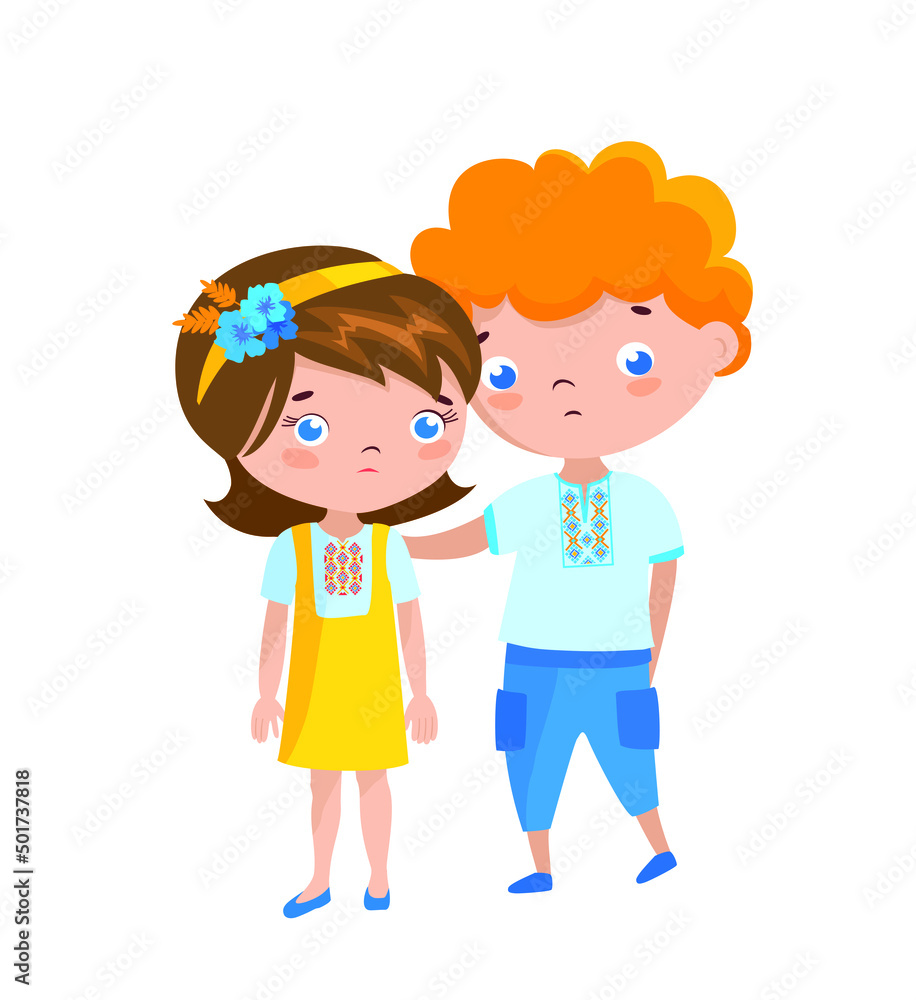Sad Ukrainian boy and girl in national clothes. Against the war. Stop russian agression. Vector Sad Ukrainian boy and girl in national clothes. Against the war. Stop russian agression. Vector