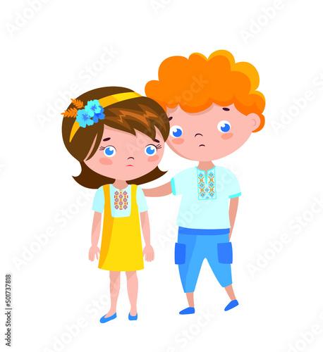 Sad Ukrainian boy and girl in national clothes. Against the war. Stop russian agression. Vector
