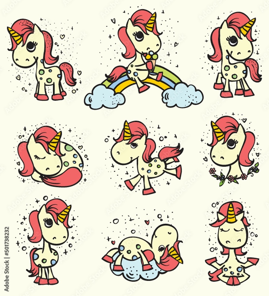 Fototapeta premium Set of 9 cute doodle magic unicorns for kid's greeting card design, t-shirt print, poster.