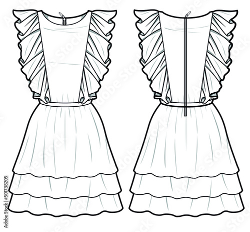 Layered Short Dress with Frill Sleeve Detail Front and Back View. Fashion Illustration, Vector, CAD, Technical Drawing, Flat Drawing.